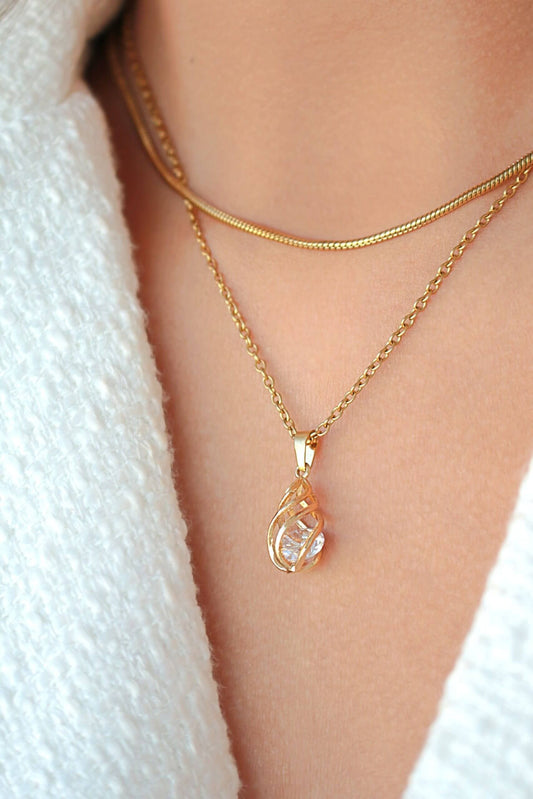 Delicate Gold Cage Pendant Necklace with Crystal Teardrop