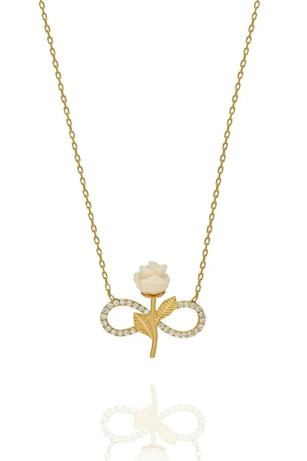 White Rose Infinity Necklace - 925 Sterling Silver & Zircon