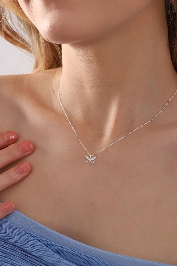 Dragonfly Symbol Necklace - 925 Sterling Silver & Zircon