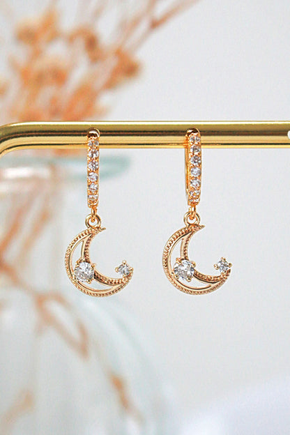 Crystal Crescent Moon Hoops - 24K Gold Swedish Earrings