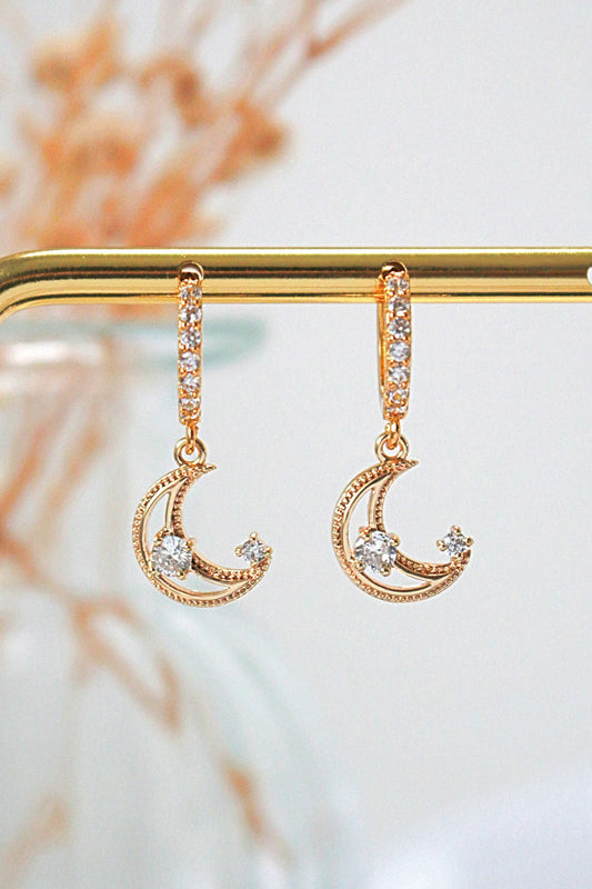 Crystal Crescent Moon Hoops - 24K Gold Swedish Earrings