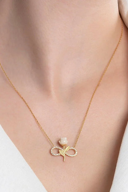 White Rose Infinity Necklace - 925 Sterling Silver & Zircon
