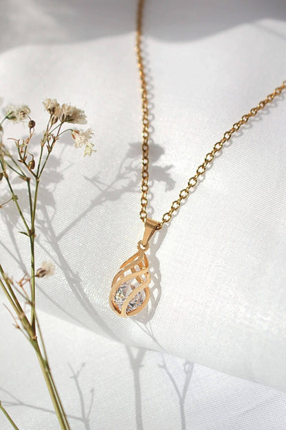 Delicate Gold Cage Pendant Necklace with Crystal Teardrop