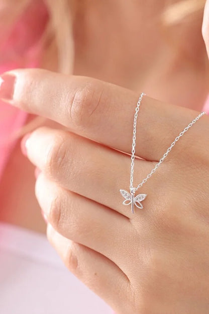 Dragonfly Symbol Necklace - 925 Sterling Silver & Zircon