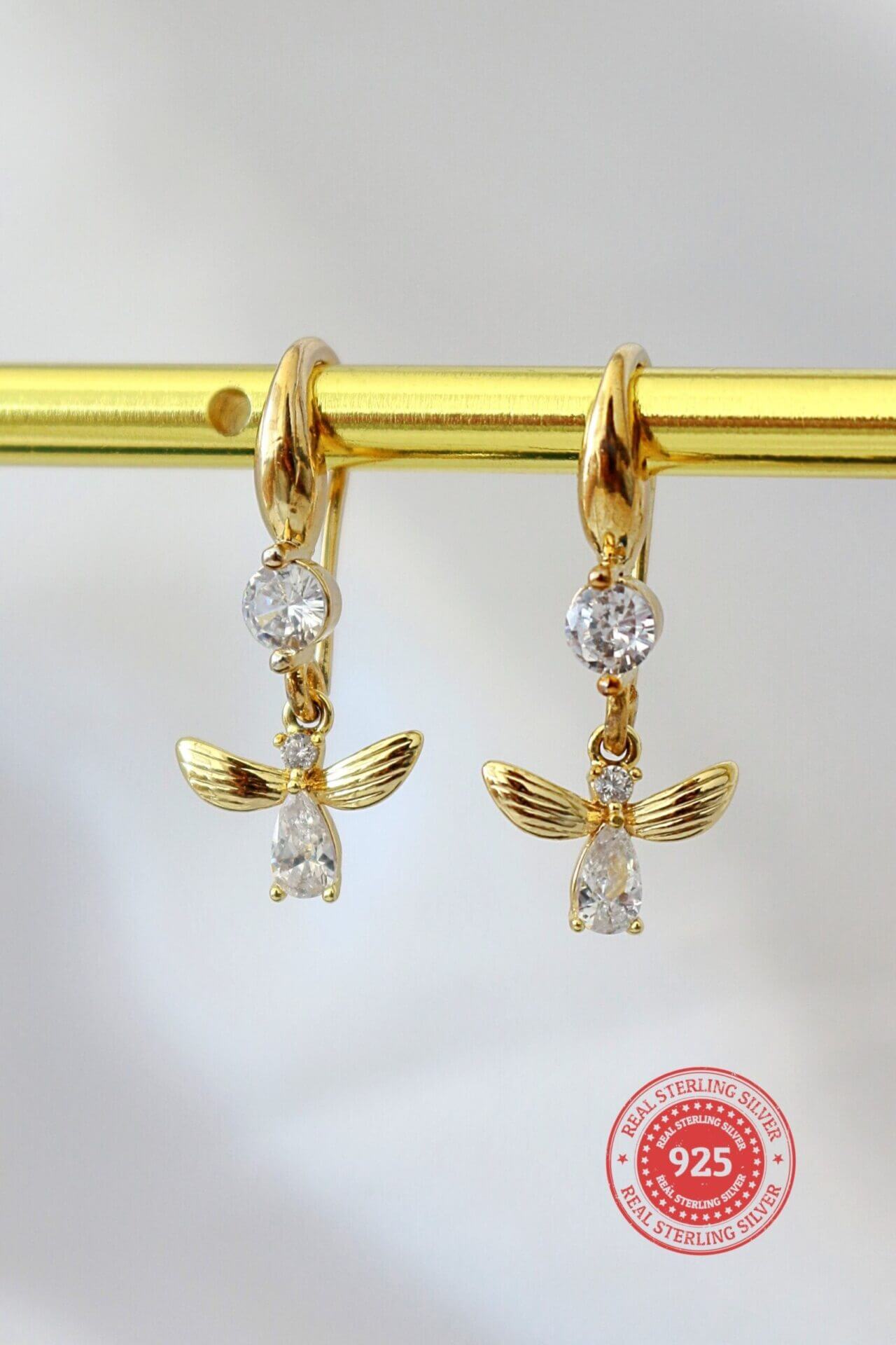 24K Gold Bee Earrings with Sparkling Crystals