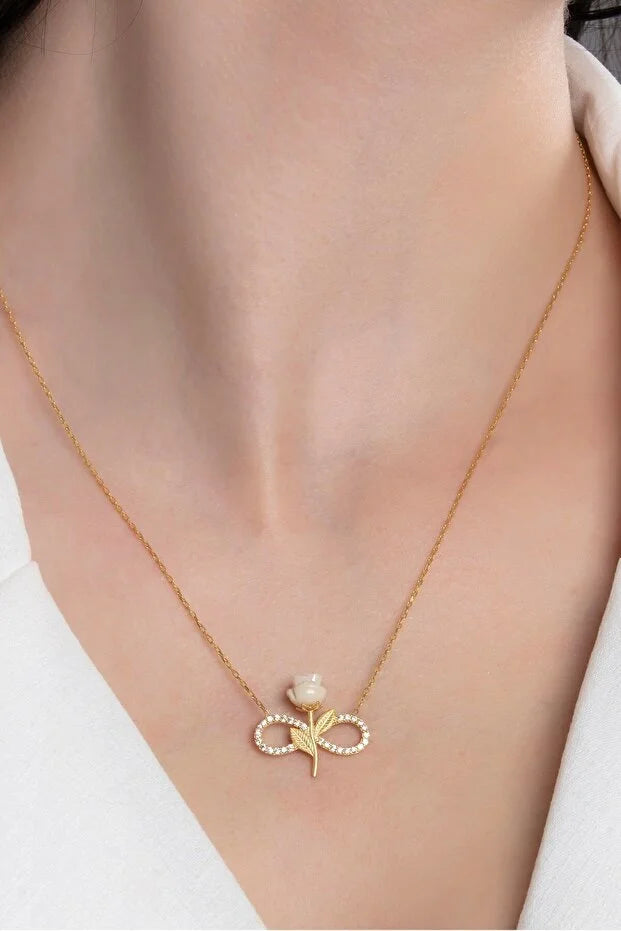 White Rose Infinity Necklace - 925 Sterling Silver & Zircon