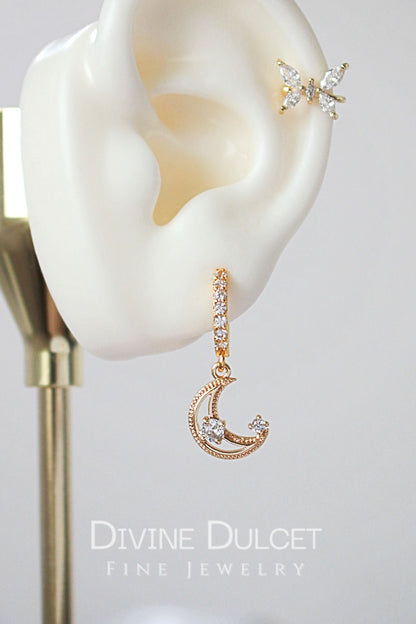 Crystal Crescent Moon Hoops - 24K Gold Swedish Earrings